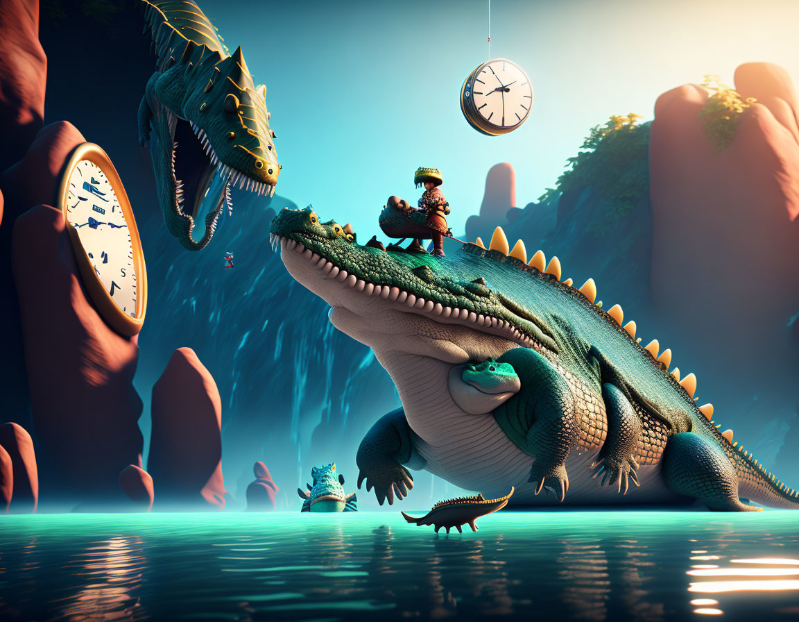 Surreal landscape with oversized crocodiles and clock face rider