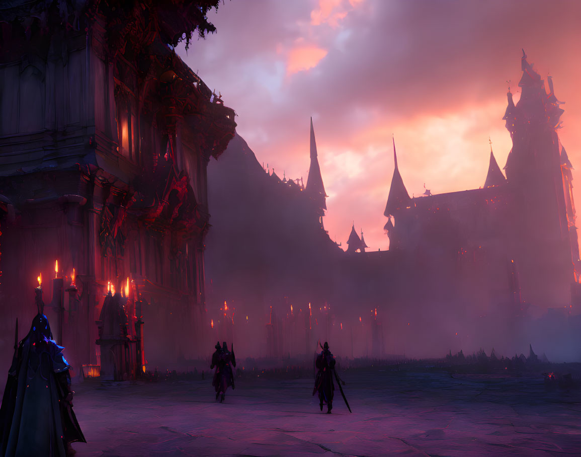 Armored figures and castle silhouette against purple-pink sky