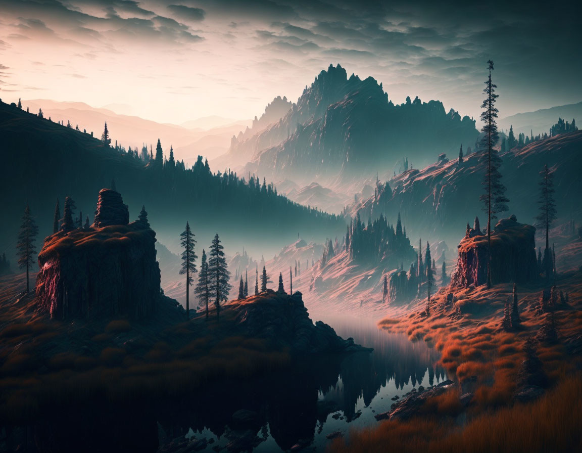 Twilight mountain landscape with amber hues and silhouettes of pine trees