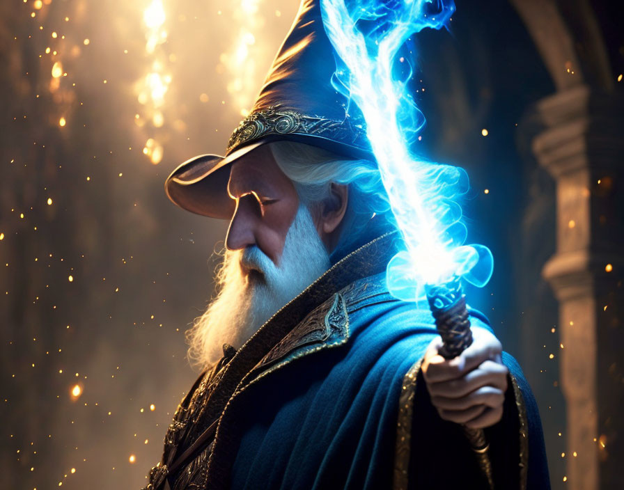 White-bearded wizard with glowing staff in mystical scene