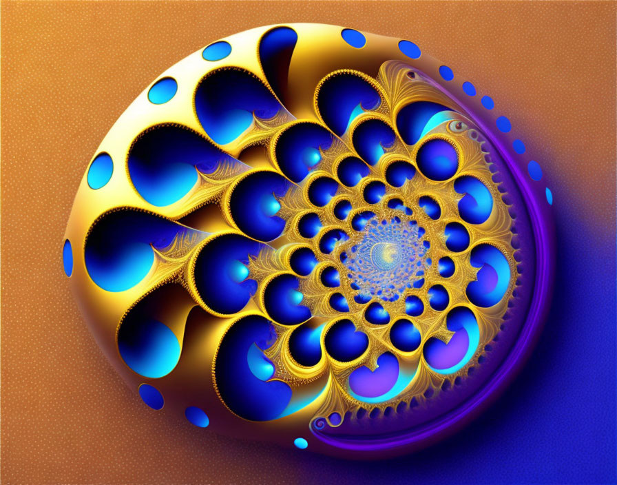 Colorful Digital Fractal Art: Blue and Gold Swirls on Orange Background