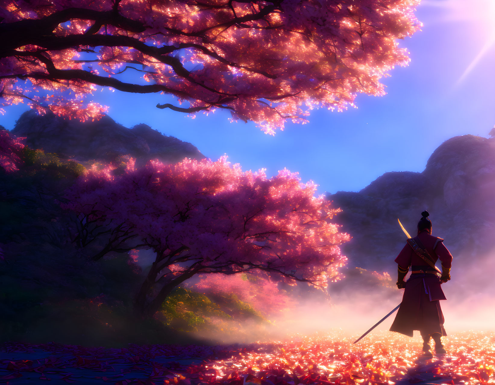 Samurai in Cherry Blossom Scene with Sunlight Glow