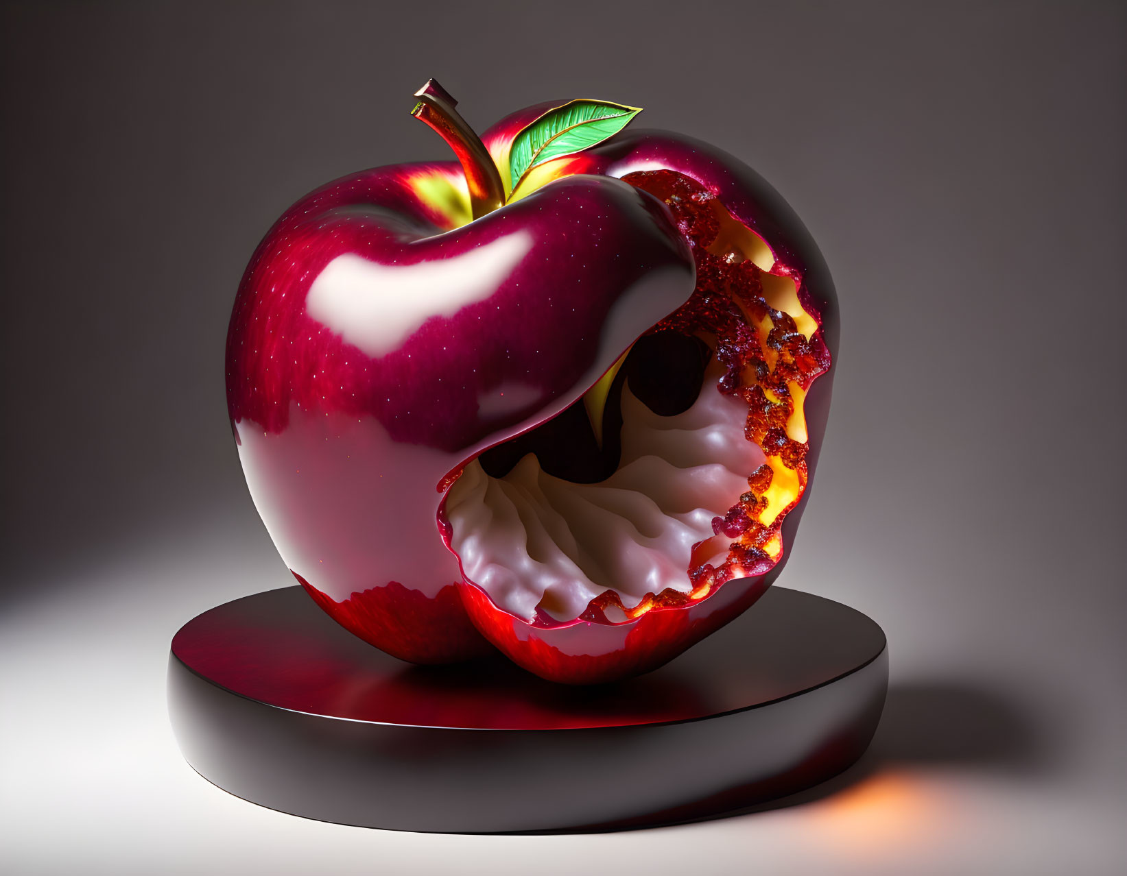 Glossy red apple with stylized bite revealing mouth-like interior