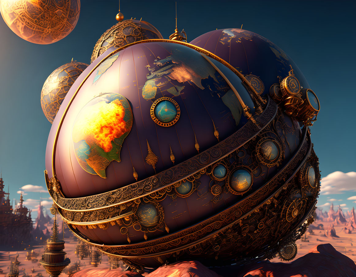 Steampunk-style spherical structure in alien desert landscape