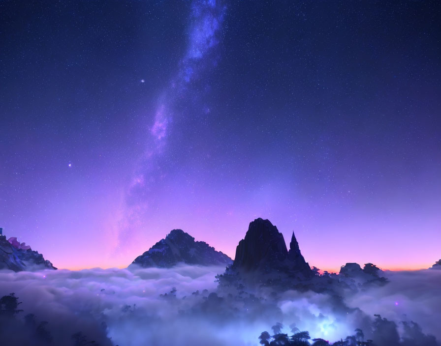 Mountain Peak Above Clouds Under Starry Night Sky with Milky Way