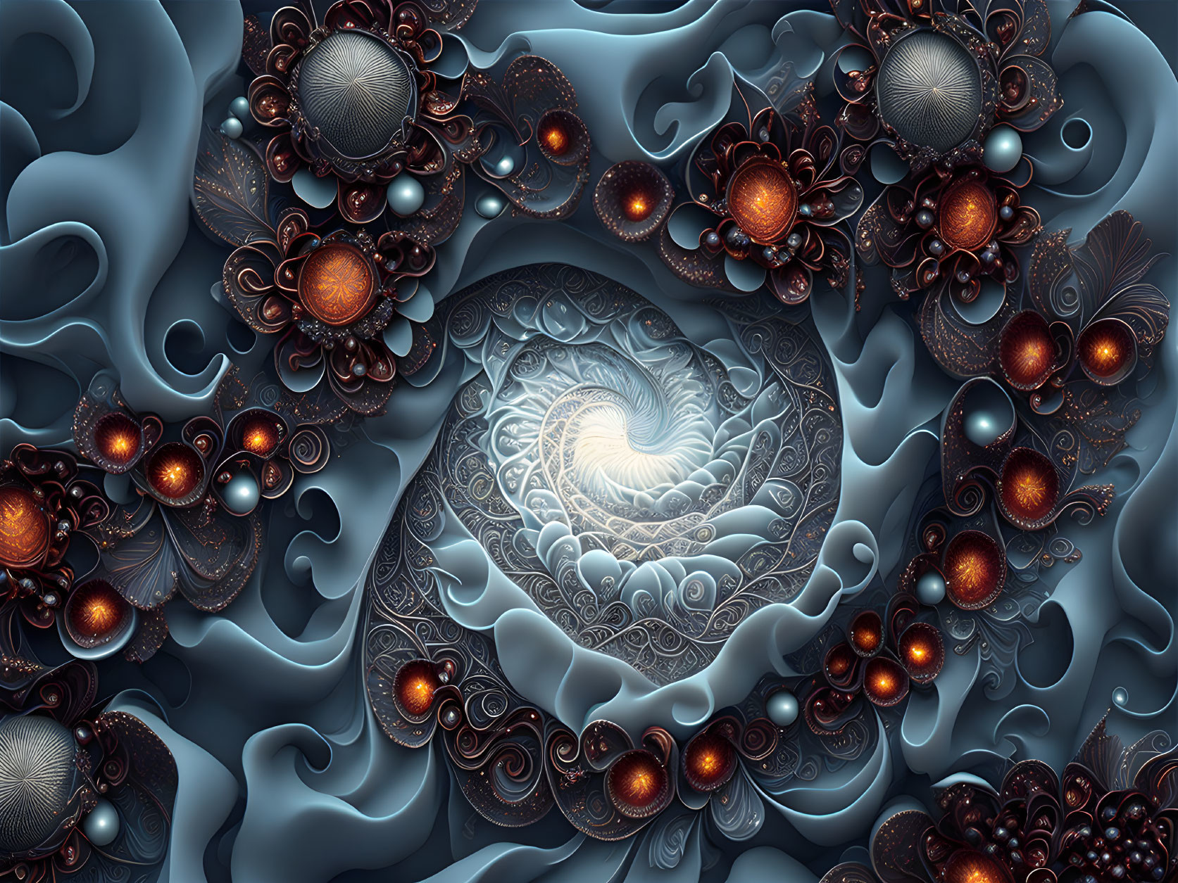 Fractal Image: Ornate Spiral Patterns in Blue and Brown