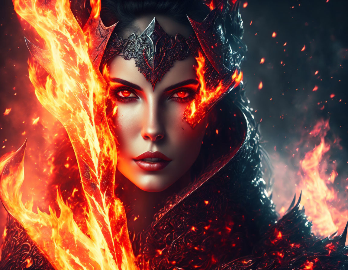 Fantasy female character with fiery wings and intense gaze surrounded by flames