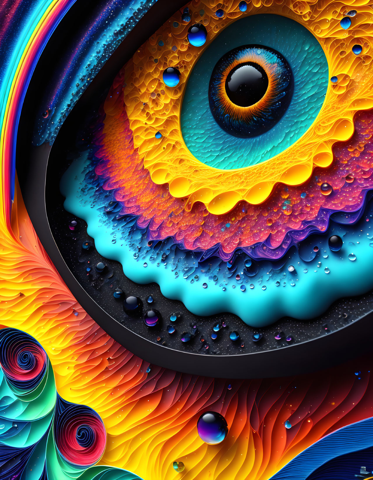 Colorful Abstract Digital Art with Eye-like Center and Water Droplets