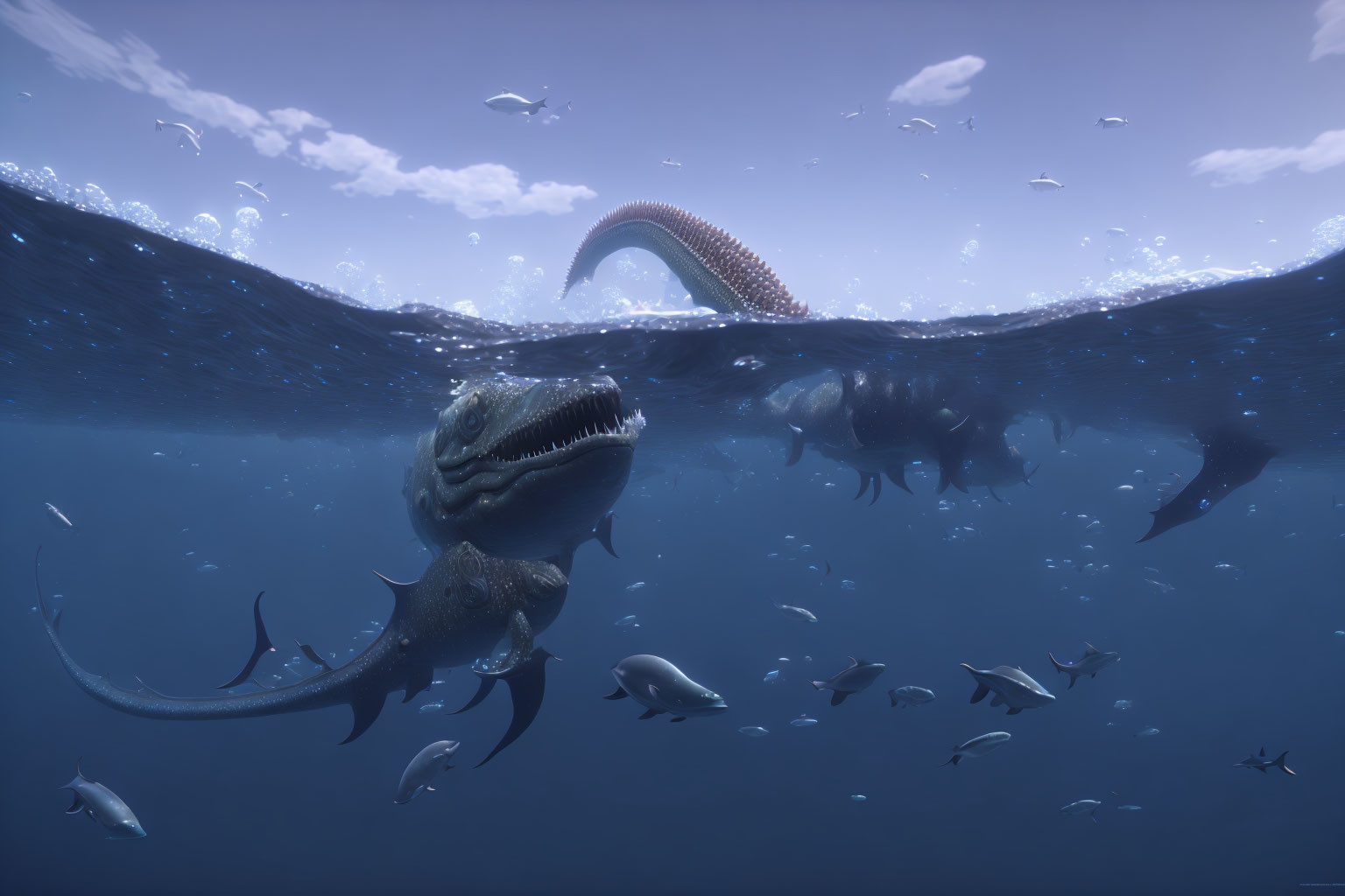 Prehistoric marine reptiles in underwater scene