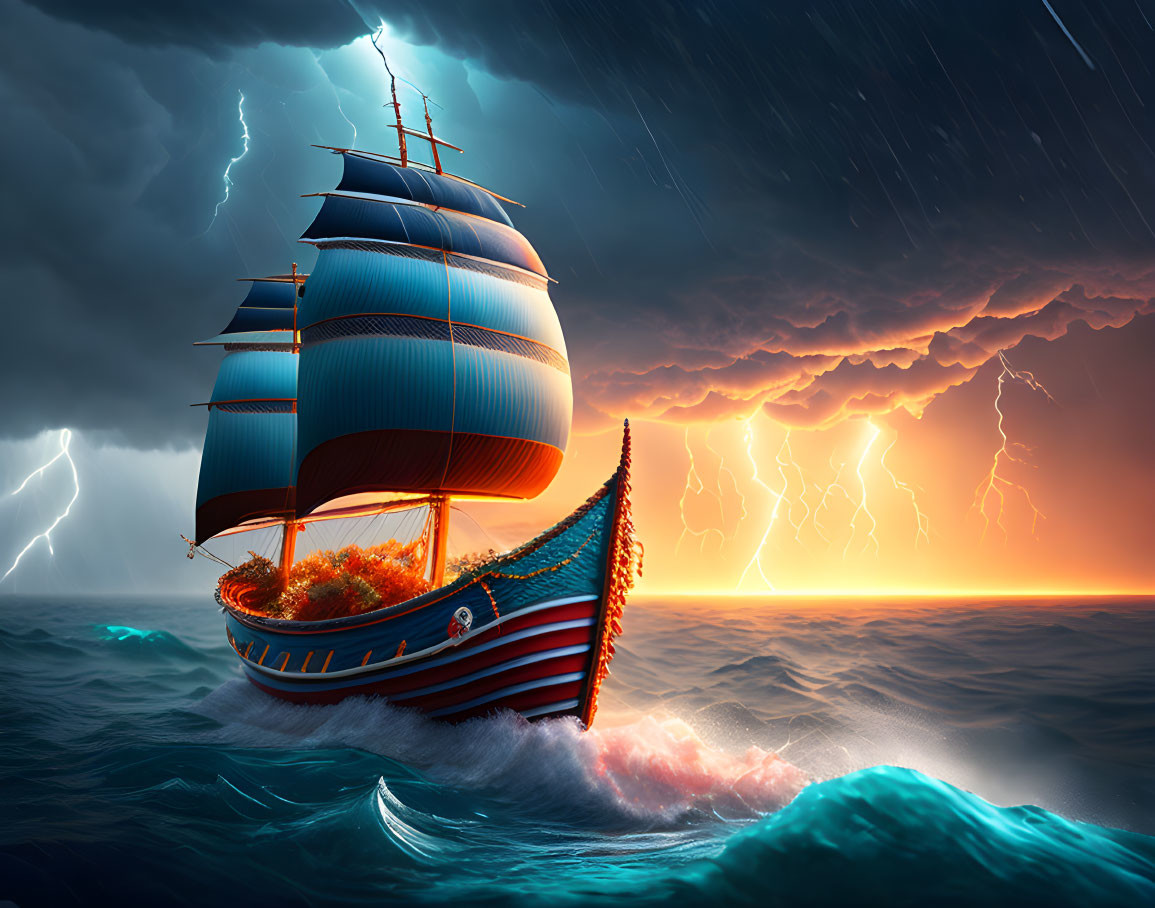 Majestic ship with blue sails in stormy seas under lightning sky