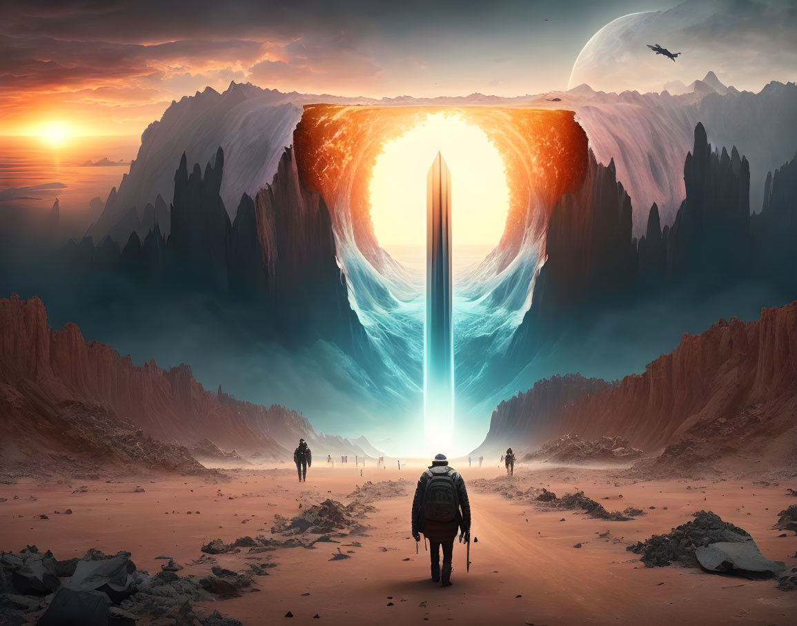 Group near luminous monolith in alien landscape at sunset