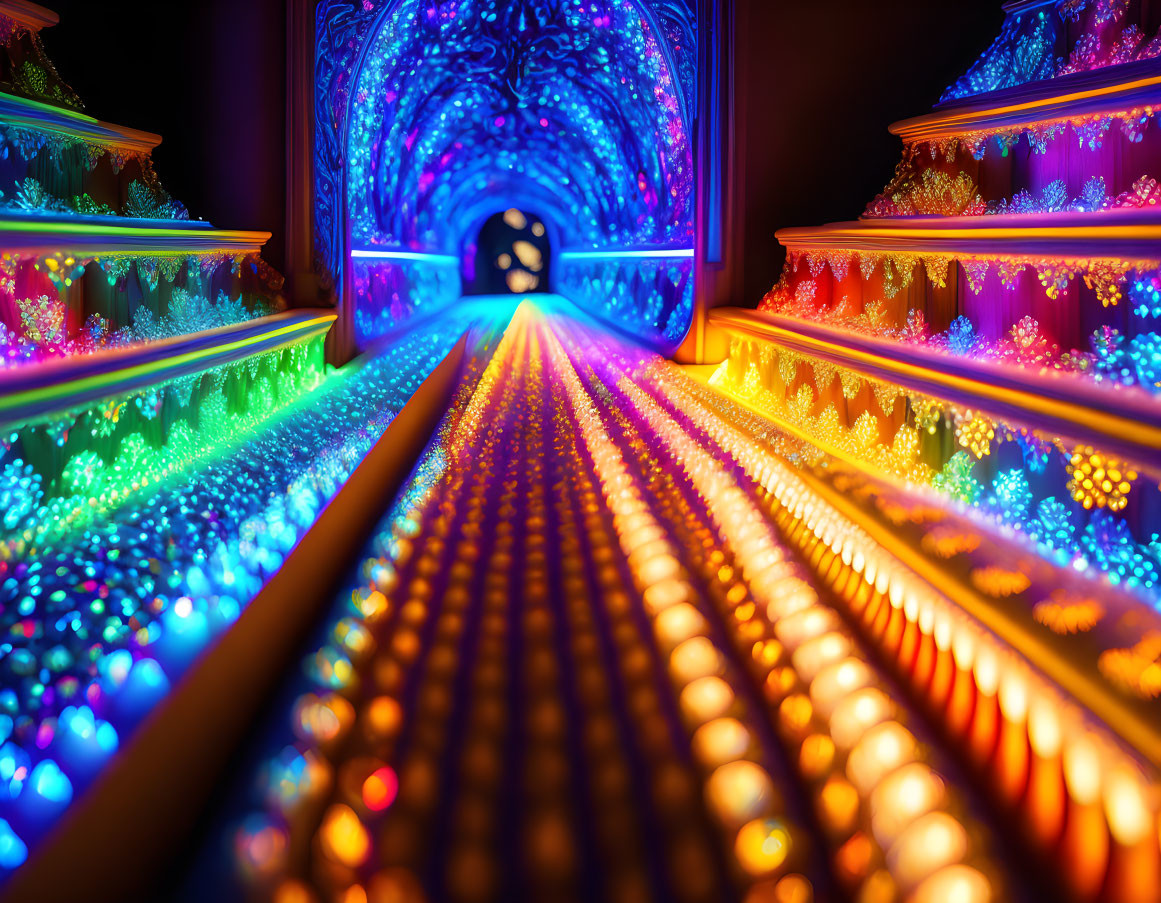 Vibrant LED-lit tunnel with futuristic, multicolored lights and glowing endpoint.