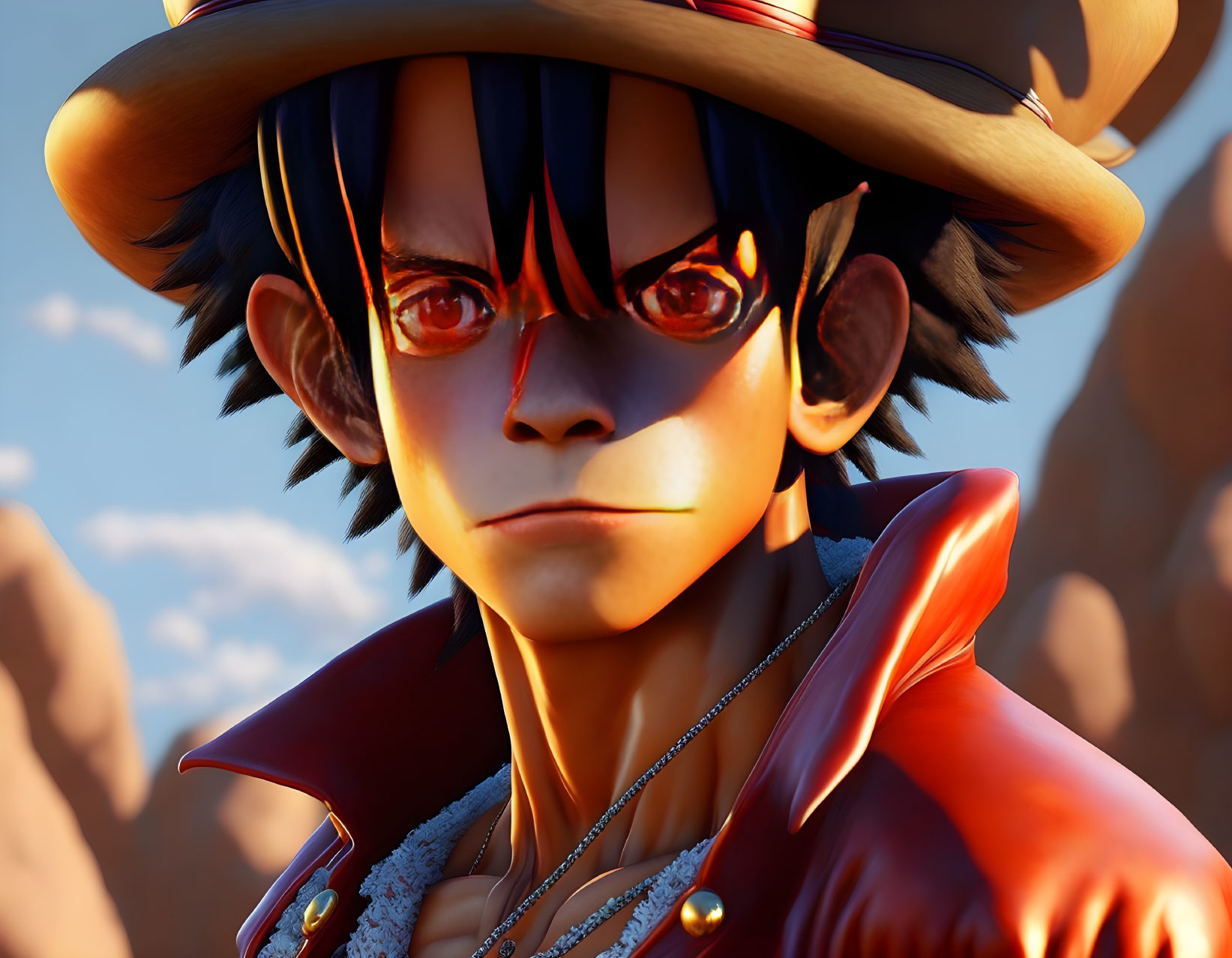 Animated character with straw hat, red jacket, fiery eyes, rocky backdrop.