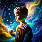 Child holding bird-shaped flame in cosmic galaxy scene