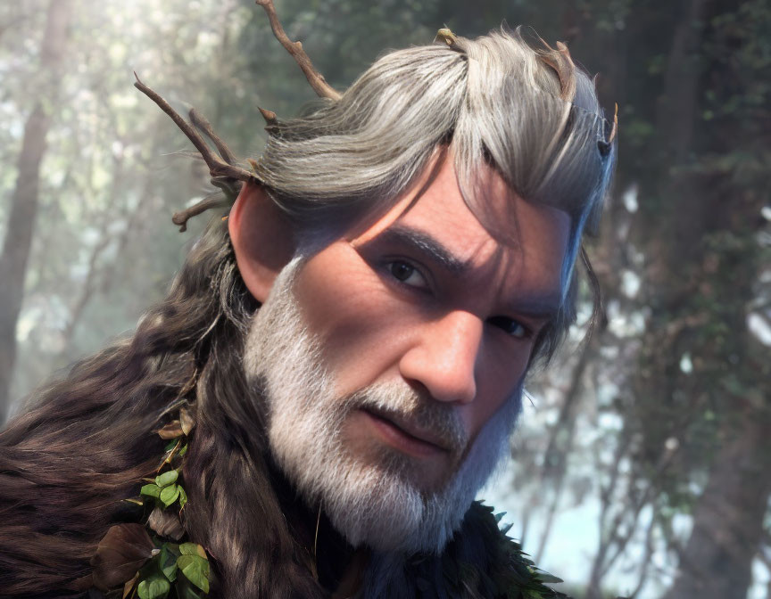 Mythical male figure with pointed ears and leaves in hair in forest setting