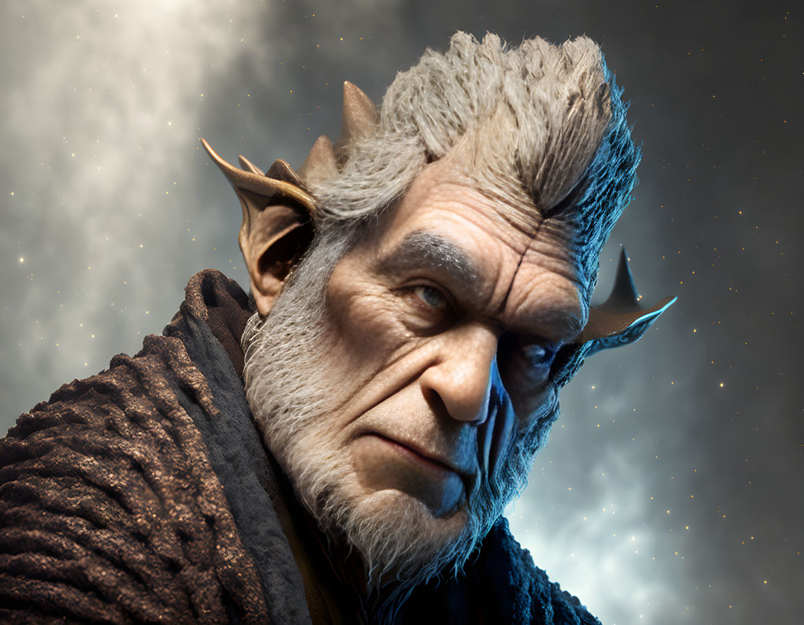 Detailed gray-haired creature with pointed ears in cosmic setting