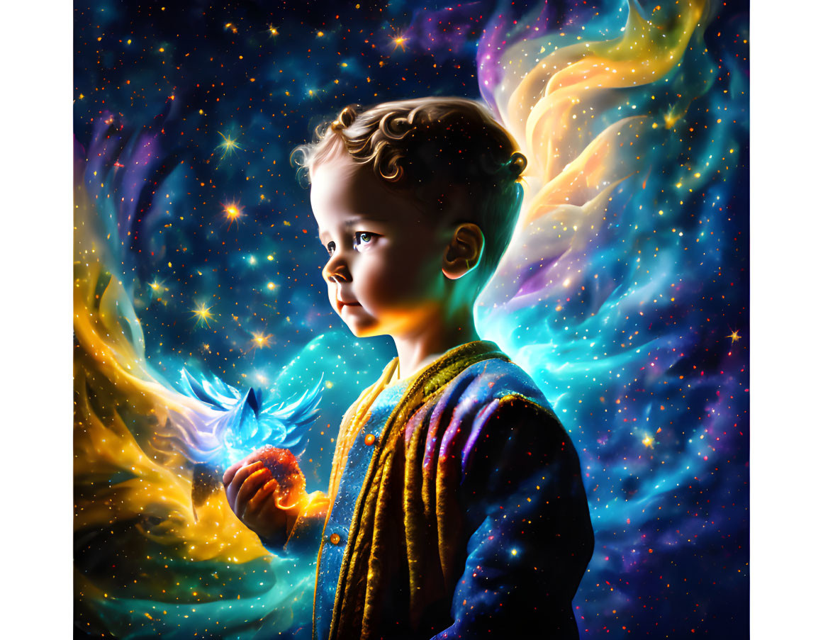 Child holding bird-shaped flame in cosmic galaxy scene