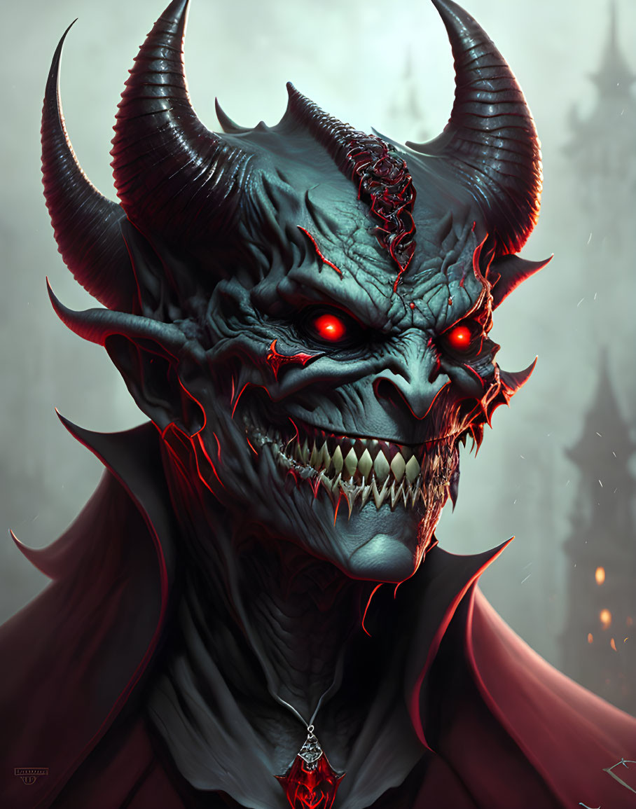 Detailed Illustration of Menacing Demon with Sharp Horns, Red Eyes, and Jagged Teeth