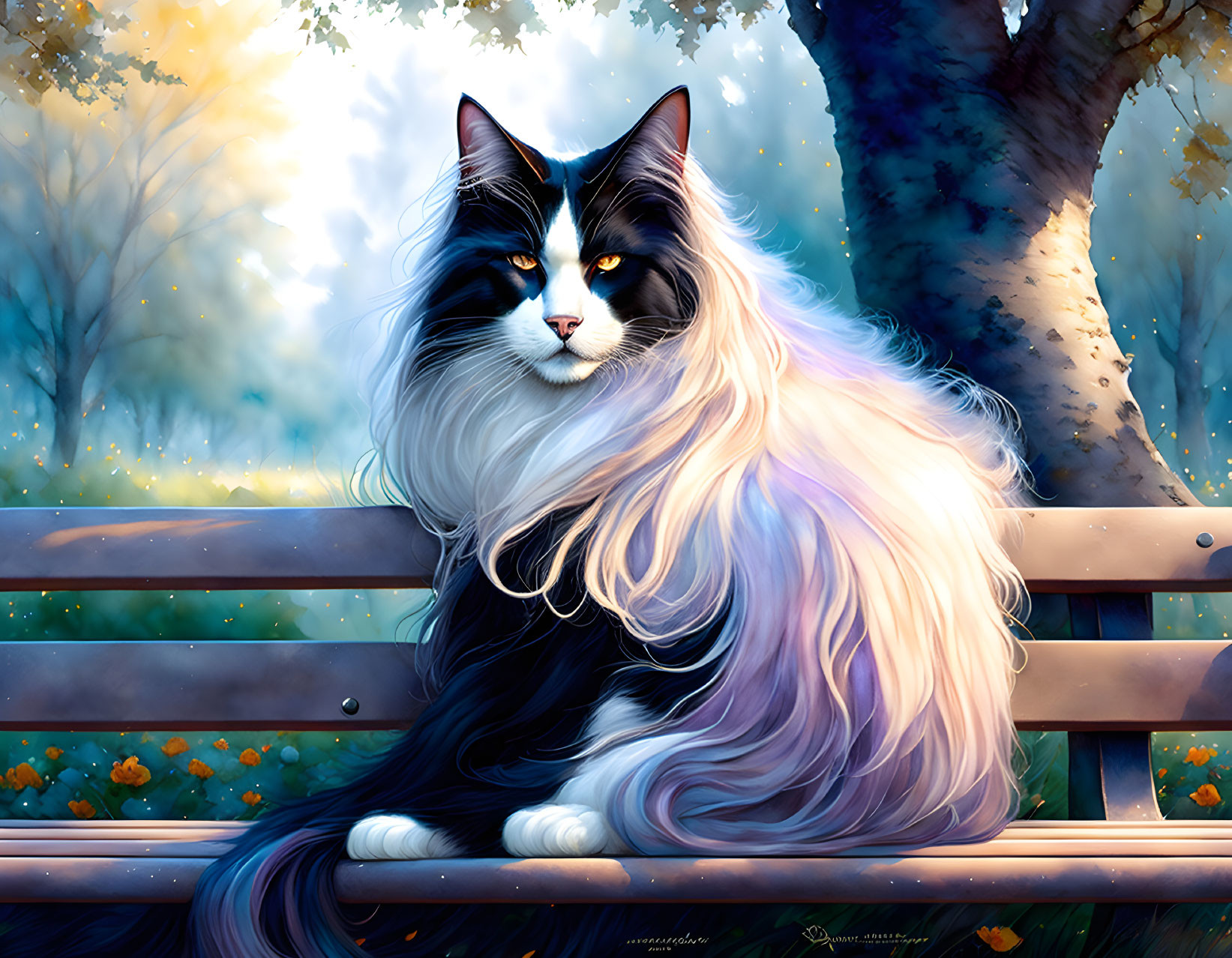 Long-Haired Black and White Cat Relaxing on Wooden Park Bench in Autumn