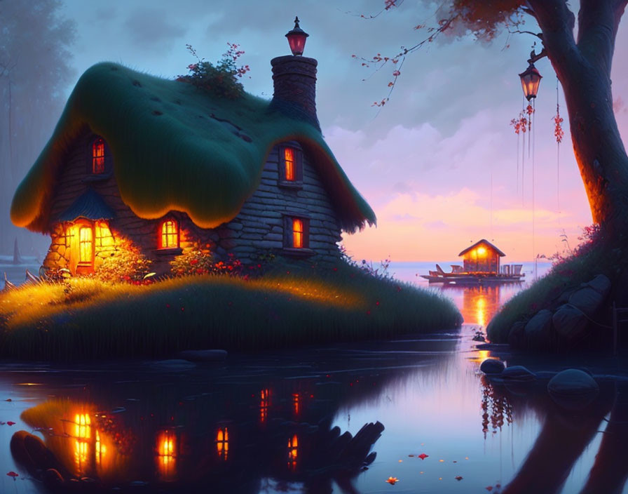 Tranquil lakeside cottage with mossy roof and warm glowing lights