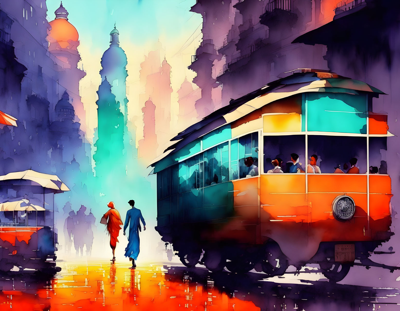 Colorful watercolor cityscape with tram and pedestrians