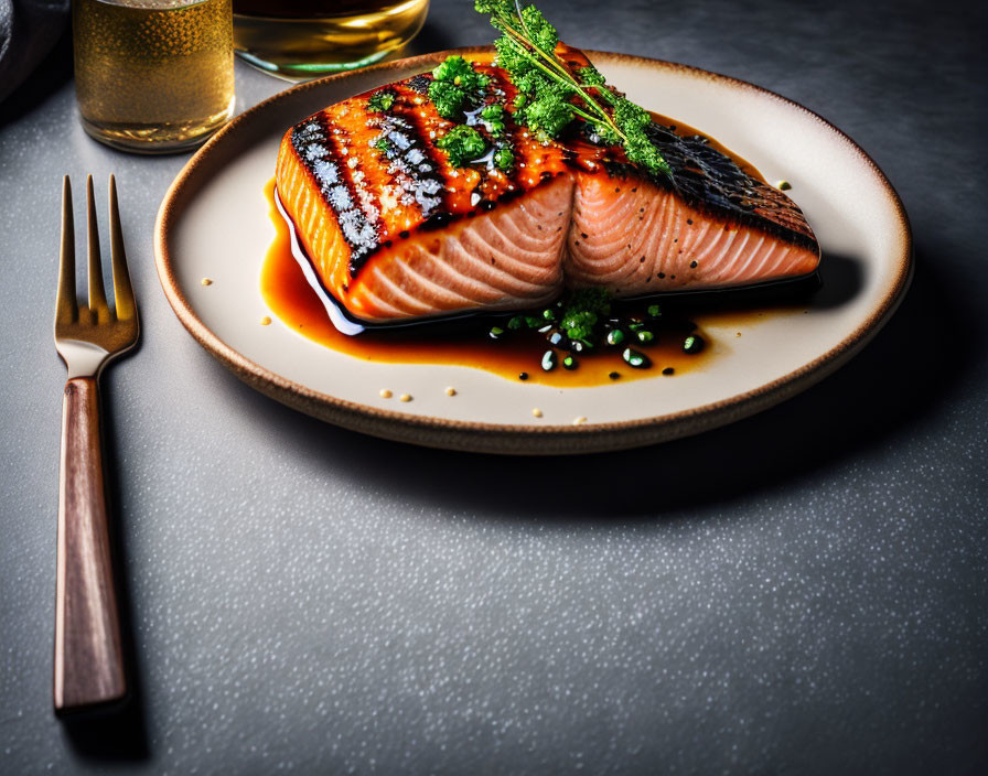 Glazed salmon fillet with herbs and sesame seeds on beige plate