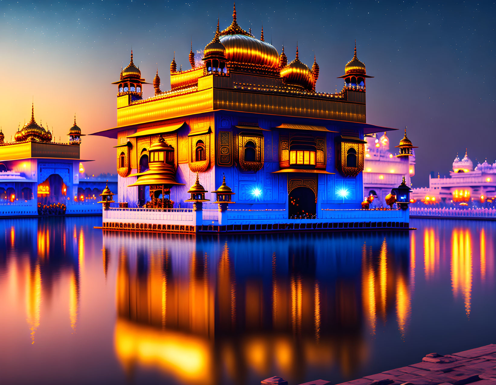 Ornate building with golden domes reflected in calm water at night