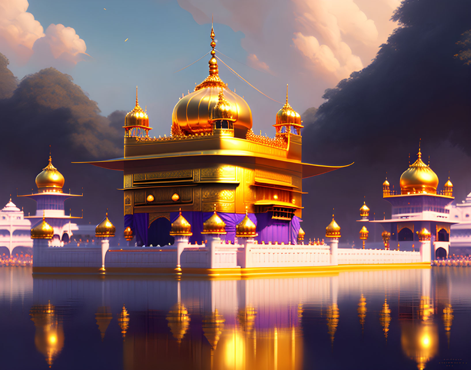 Golden Temple with Golden Domes and Marble Walls Reflecting in Water at Sunset