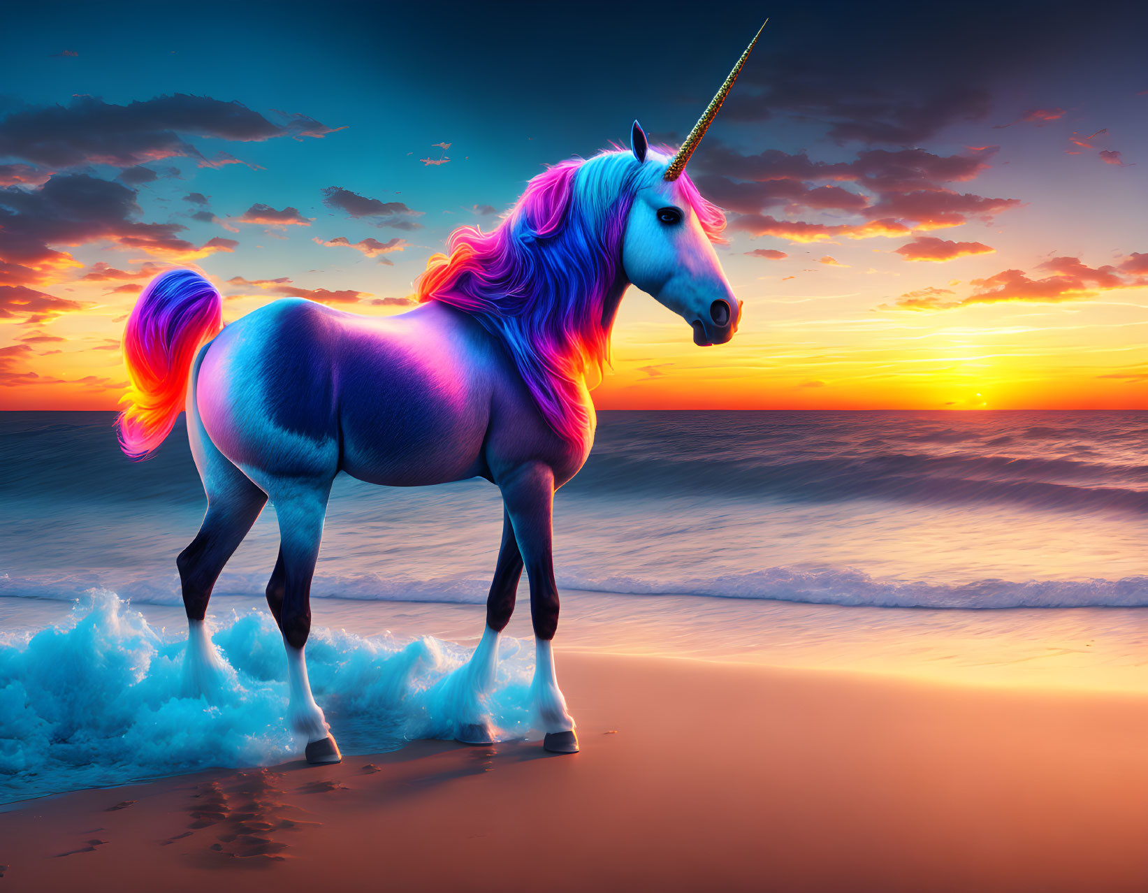 Colorful Unicorn with Vibrant Mane on Beach Sunset