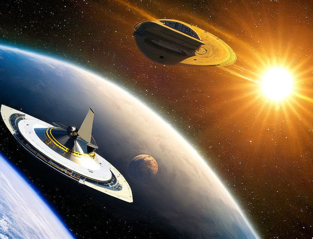 Futuristic spacecraft orbiting planet with radiant sun in starry space