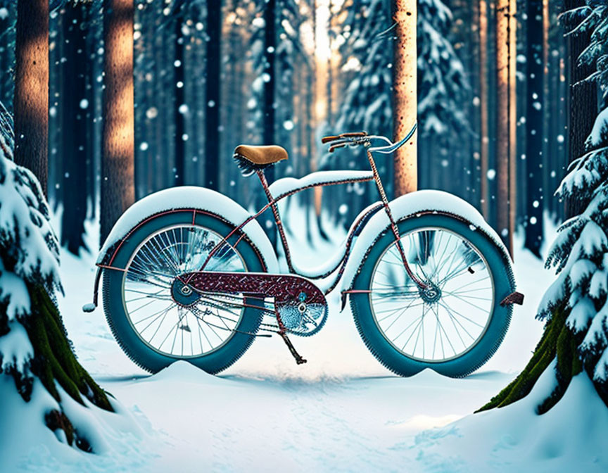 Vintage Bicycle in Snowy Forest with Sunbeams