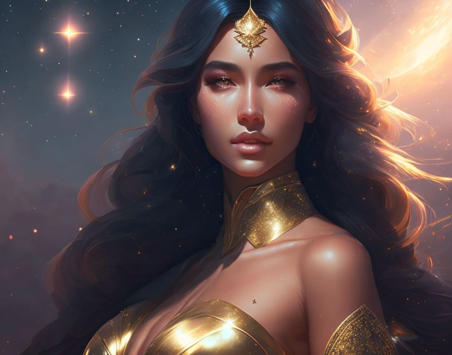 Digital artwork featuring woman with dark hair and cosmic background