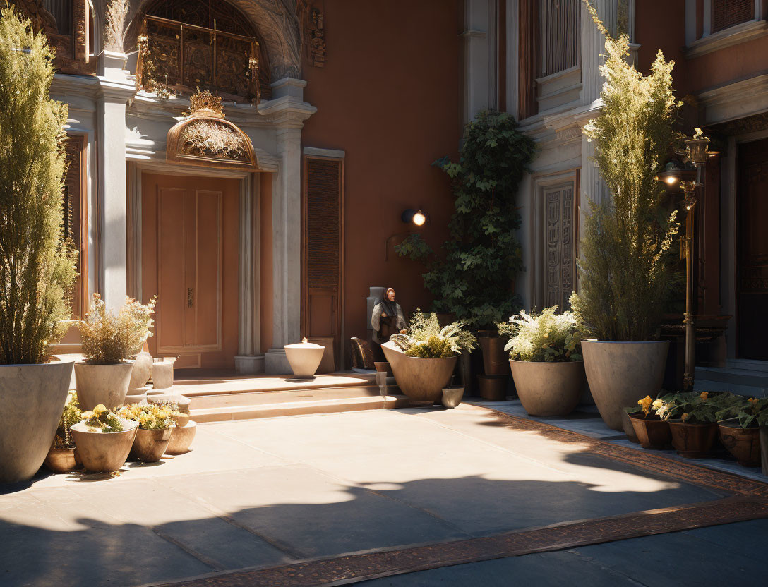 Tranquil courtyard with potted plants and person at elegant building