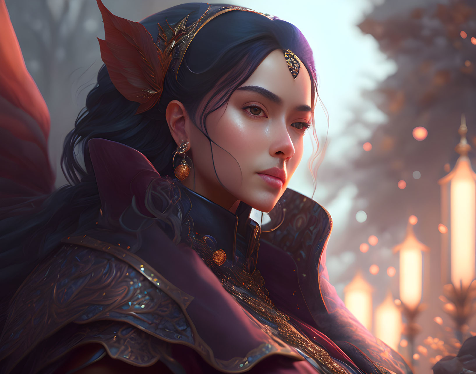 Regal figure in gold crown and purple armor amidst glowing lanterns