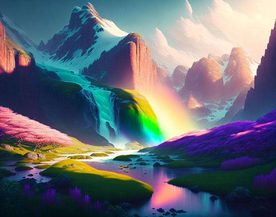 Colorful fantasy landscape with waterfall, rainbow, mountains, cherry blossoms, and purple flora.