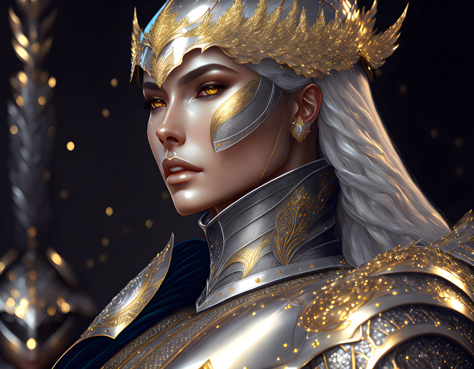 Regal woman in golden armor and helmet with white hair.