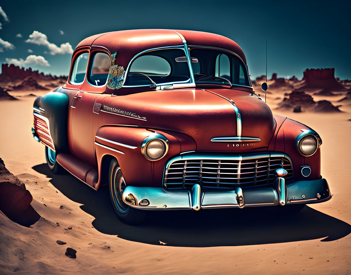 Vintage Car in Desert with Chrome Details