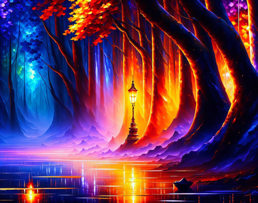 Fantastical forest scene with red and blue trees, lantern, and glass-like surface