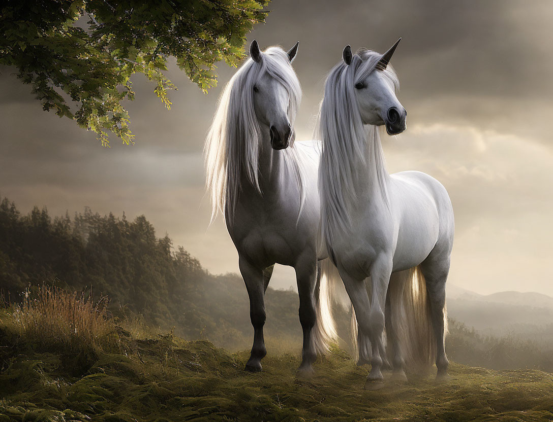 Majestic white horses in serene landscape with moody sky