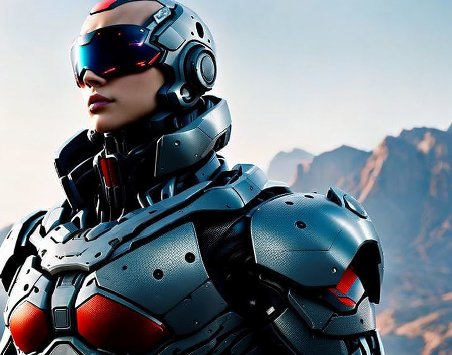 Futuristic individual in advanced armor with red visor, mountainous backdrop