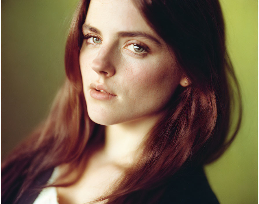 Detailed Close-Up Portrait of Woman with Auburn Hair and Intense Gaze