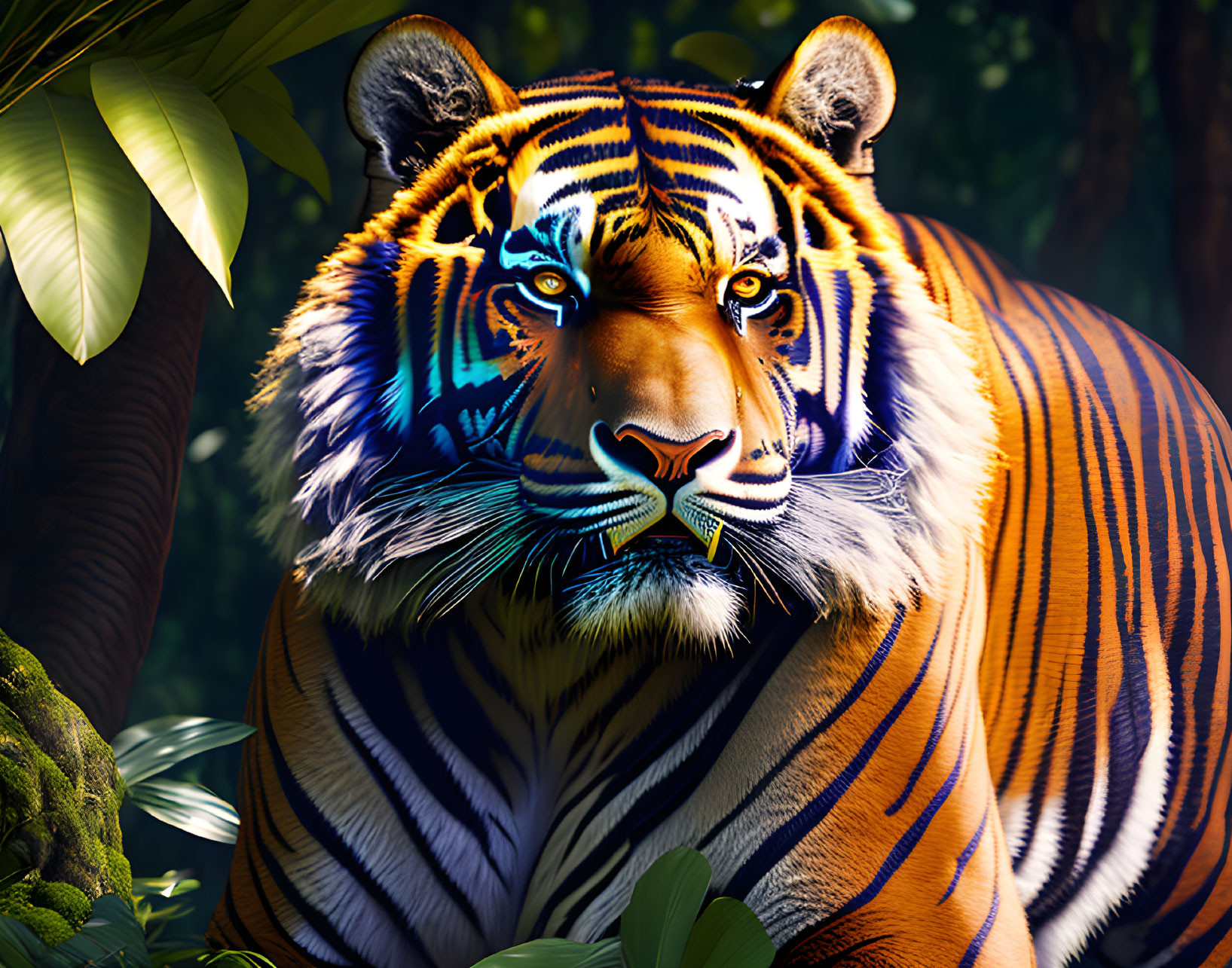 Majestic tiger with vibrant stripes in lush green foliage