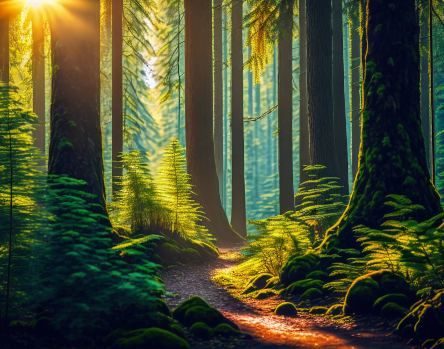 Misty morning forest with sunbeams and green ferns