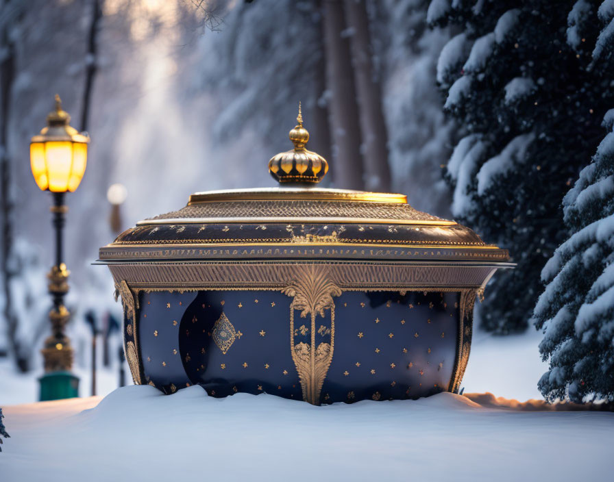 Golden-patterned lantern lighting snow-covered park at twilight