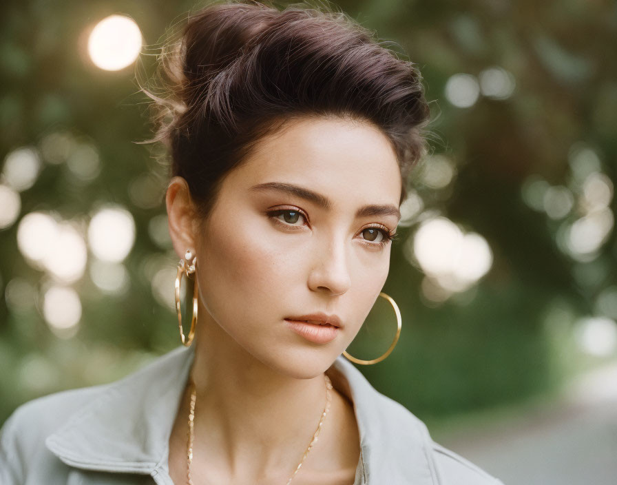 Portrait of woman with subtle gaze wearing hoop earrings and light jacket against blurred green background