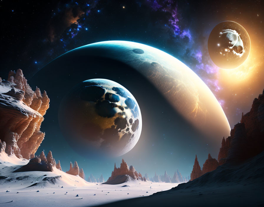 Snowy peaks, alien flora, celestial bodies in starry sky - Extraterrestrial landscape.