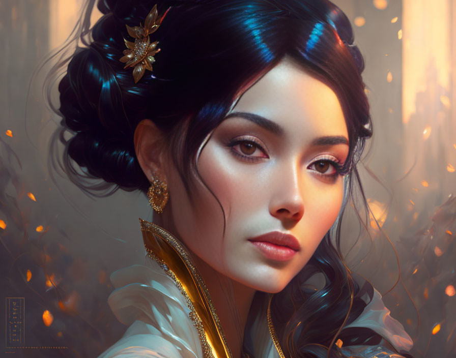 Intricate hairstyle and golden accessory on woman in digital portrait