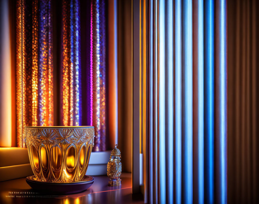 Golden bowl and decorated jar on table with multicolored curtains and blue light stripe.