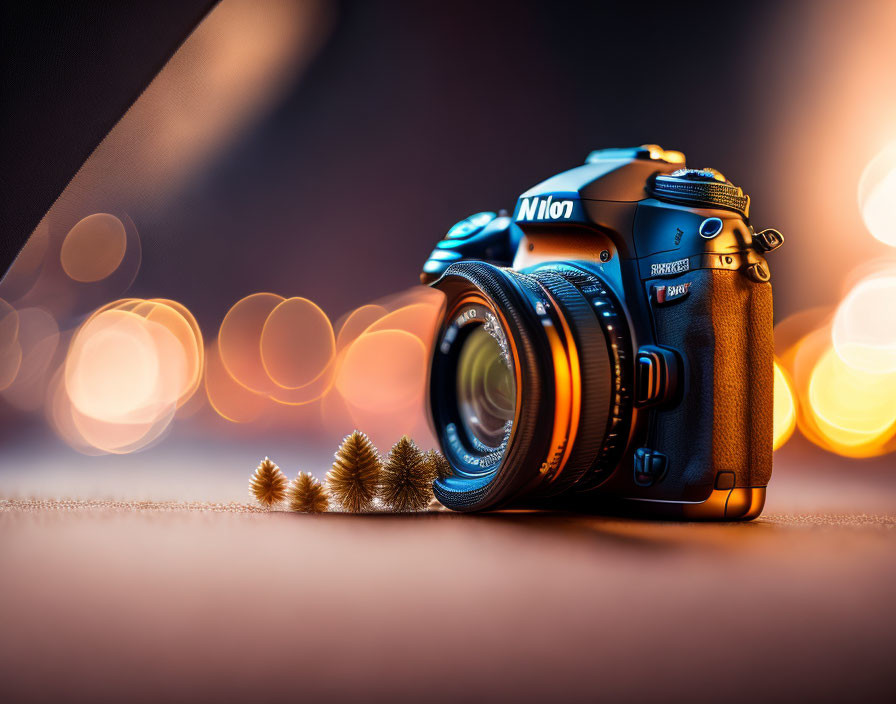 Wide-Angle Lens DSLR Camera with Bokeh Lights and Miniature Pine Trees