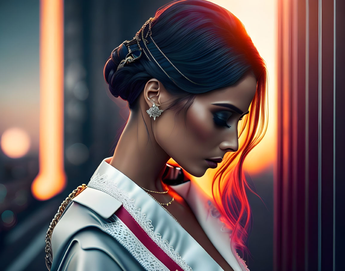 Elegant woman with white jacket and earring in cityscape sunset backdrop